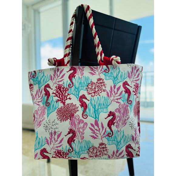 Beach Bag Tote, Ocean Seahorse Coral Beach Bags Pool Bag Shoulder Travel Tote - Picture 3 of 7